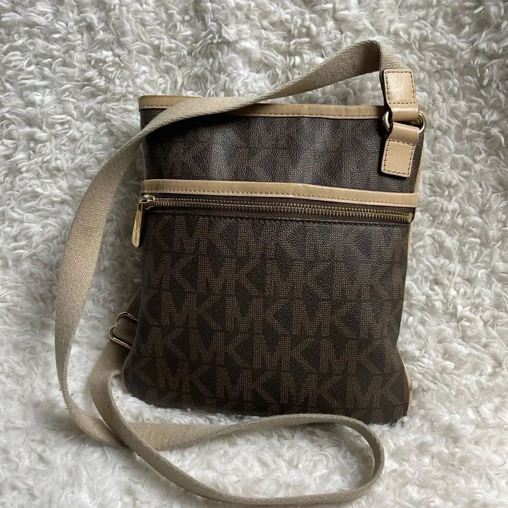 Michael Kors Monogram brown coated canvas tan leather trim small crossbo…